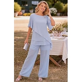Women's Two Piece Sets Chiffon Short Sleeve Butterfly Sleeve Square Neck Solid Color Plain Layered Elegant Formal Wedding Guest Casual Daily Blue Sky Blue Summ thumbnail 2