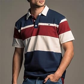 Men's Horizontal Stripes Rugby Polo Short Sleeve Polo Shirts Lapel Casual Athleisure Daily Wear 3D Print Buttons Spring  Summer Blue Red Green thumbnail 2