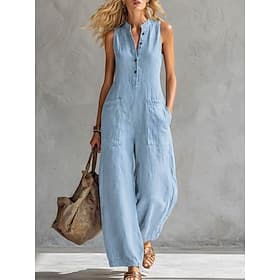 Women's Normal Linen-feel Jumpsuit Active Solid Color Sleeveless Wide Leg V Neck Pocket Buttons Daily Vacation Loose Fit Blue Black White Summer
