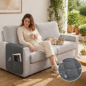 Set mit 1 dunkelgrauen, wasserdichten Armlehnenbezug für Sofa und Couch mit 2 großen Seitentaschen für die Fernbedienung, rutschfest, strapazierfähig, waschbar