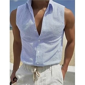 Men's Shirt Casual Shirt Seersucker Shirt Button Up Shirt Blue Black White Light Green Pink Sleeveless Stripes Vertical Stripes Shirt Collar Casual Daily Butto
