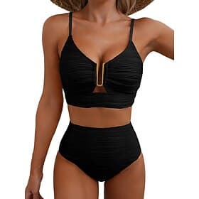 Mujer Bañadores Bikini 2 piezas Alta cintura Traje de baño Frunce Espalda al Aire Vacaciones Ropa de playa Plano Escote en Pico Sin Mangas Trajes de baño
