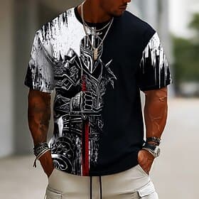 Men's Medieval Knight Warrior Holding Sword Fantasy Gothic Streetwear T Shirt All Over Print Regular Fit Split Black White Design Designer Clothing Apparel S M