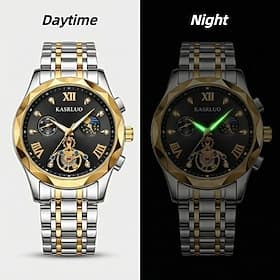 Men's Watch - Luminous Skeleton Moon Phase Luxury Business Wristwatch, Two Tone Stainless Steel Waterproof Analog Watch with Premium Gift Box, Classic Fashion