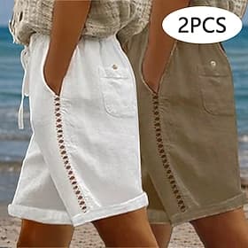 Multi Packs 2pcs Women's 100% Cotton Shorts Summer Shorts Beach Shorts Vacation Fashion Basic Short Natural Plain Side Pockets Cut Out Comfort Breathable Inela