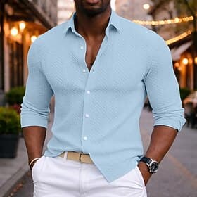 Men's Shirt Casual Shirt Button Up Shirt Jacquard Shirt Blue Black White khaki Gray Long Sleeve Plain Textured Shirt Collar Casual Daily Clothing Apparel Elega