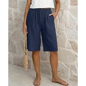 Women's Linen-feel Pants Bermuda Shorts Capri Pants Shorts Vacation Fashion Streetwear Knee Length High Waist Plain Pocket Elastic Waist Breathability Comforta