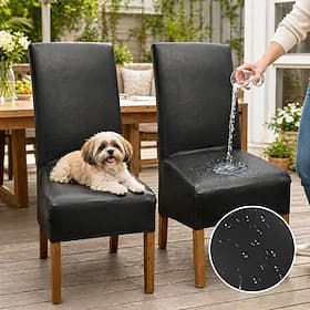 4PCS 100% Waterproof Dining Chair Cover Black Stretch Chair Slipcover PU Leather High Back Chair Seat Cover Protector with Elastic Band for Dining Room,Wedding