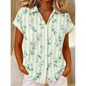 Women's Shirt Buttons Print Graphic Striped Leaves Vintage Daily Stylish Short Sleeve Shirt Collar Regular Tops Casual Daily Green Summer Spring