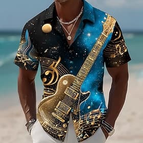Men's Guitar Musical Instrument Musical Notes Shirt Button Up Shirt Short Sleeve Vintage Retro Daily Music Festival Summer Spring Turndown 3D Print Collared Sh