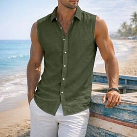 Herren Hemd Leinenhemd Strandbekleidung Knopfhemd Einfach Lässig Täglich Schwarz Weiß Rote Marineblau Ärmellos Umlegekragen Sommer Frühling Bekleidung Rein