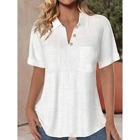 Damen Hemd Baumwoll-Leinen-Hemden Bluse Tasche Knöpfe Einfarbig Stilvoll Klassisch Modern Kurzarm V Ausschnitt Normale Oberteile Täglich Ferien Ausgehen Schwar