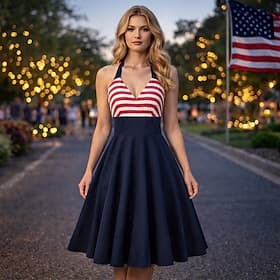 250e anniversaire des États-Unis Années 1950 Rétro Vintage Midi Robe Robe trapèze Robe Évasée Sans manches Dos nu Drapeau des États-Unis Ajusté  Évasé Balançoi