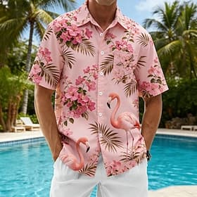 Men's Flamingo Bird Tropical Flowers Hawaiian Shirt Tropical Shirts Aloha Shirt Short Sleeve Hawaiian Beach Vacation Wear Summer Turndown 3D Print Front One Po