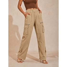 Women's Cargo Pants Tactical Cargo 100% Cotton Pants Trousers Vacation Chic Modern Basic Full Length High Waist Plain Pocket Baggy Comfort Inelastic Daily Spo