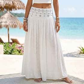 Women's Vacation Skirt Bohemia Vintage Fashion Ethnic Maxi High Waist Skirts Plain Ruched Patchwork Hot Drilling Micro-elastic Beach Vacation Apricot Black Whi