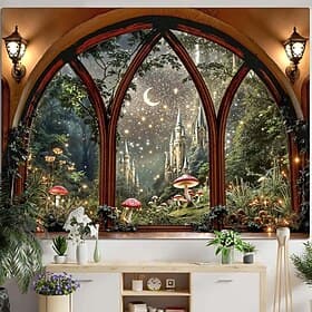 3D Window View Wall Tapestry Magic Forest Glowing Mushroom Castle Starry Night Wall Hanging Large Fabric Poster for Living Room Bedroom Dorm Mystic Fantasy Hom
