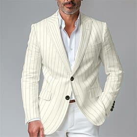 Men's Blazer Business Cocktail Party Wedding Party Fashion Casual Spring   Fall Polyester Stripes Pocket Buttons Comfortable Single Breasted Blazer Black White