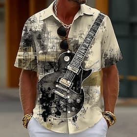 Men's Guitar Musical Instrument Musical Notes Shirt Button Up Shirt Short Sleeve Vintage Retro Daily Music Festival Summer Spring Turndown 3D Print Collared Sh thumbnail 2