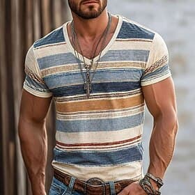 Men's Color Block Line T Shirt Short Sleeve T shirt 3D Print V Neck Shirt Vacation Retro Vintage Casual Daily Street Blue Light Blue Red Spring  Summer Clothin