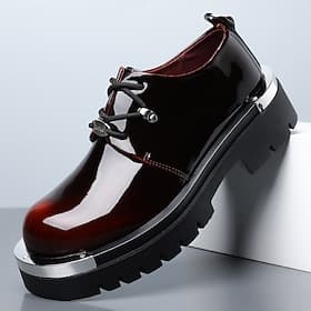 Chaussures habillées à plateforme en cuir verni bordeaux pour homme, à lacets et semelle épaisse, idéales pour les soirées, les boîtes de nuit, les spectacles,