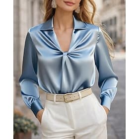 Women's Satin Top Blouse Silky Tops Ruched Plain Elegant Daily Stylish Long Sleeve V Neck Shirt Collar Regular Tops Daily Black White Sky Blue Light Purple Apr