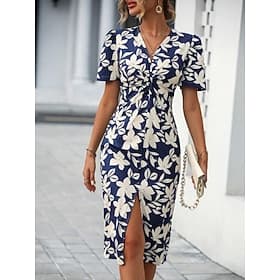 Femmes Robe Longueur Genou Robe Décontractée Robe Fleurie Élégant Mode Moderne Extérieur Vacances Sortir Coupe régulière Fleuri Manche Courte Col en V Rouge bl