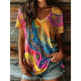 Women's T Shirt Print Graphic Tribal Abstract Stylish Casual Short Sleeve V Neck Regular Tops Casual Daily Yellow Brown Summer Spring