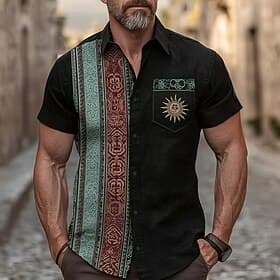 Men's Tribal Ethnic Sun Totem Shirt Summer Shirt Button Up Shirt Short Sleeve Vintage Retro Vacation Casual Daily Summer Spring Turndown 3D Print Linen Like Sh