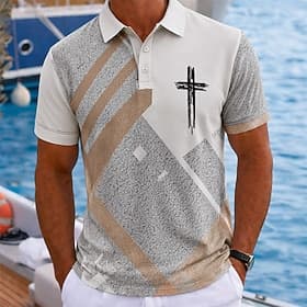 Men's Abstract Geometic Polo Shirts Short Sleeve Polo Shirts Collared Shirts Casual Athleisure Vacation Wear 3D Print Buttons Spring  Summer Blue Brown