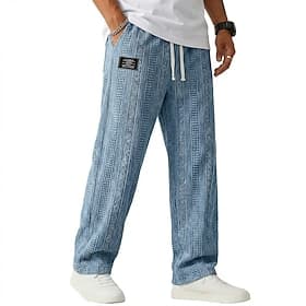 Men's Trousers Casual Pants Baggy Pants Textured Pants Jacquard Drawstring Straight Leg Plain Comfort Full Length Casual Daily Outdoor Vacation Fashion Blue Bl