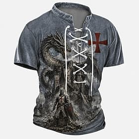 Knights Templar Crusader Armor Red Cross Raven Men's Medieval Renaissance Vintage Gothic Henley Shirt All Over Print Lace Up Short Sleeve Renaissance Faire Cos thumbnail 2