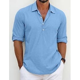 Herren Hemd Leinenhemd Popover-Hemd Strandhemd Einfach Lässig Urlaub Schwarz Weiß Hellgrün Himmelblau Langarm Umlegekragen Sommer Frühling Bekleidung Knöpfe