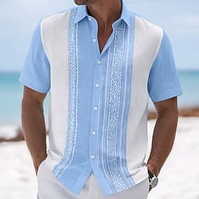 Men's Geometric Striped Shirt Guayabera Shirt Button Up Shirt Short Sleeve Fashion Casual Daily Outdoor Vacation Summer Spring Turndown 3D Print Linen Like Shi