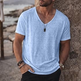Per uomo Maglietta Camicia a Maniche Corte Maglietta in lino Manica Corta Scollo a V Estate Primavera Tinta unica Semplice Striscia di Fossa Streetwear Elegant thumbnail 3