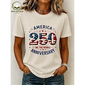 American Independence Day Women's 100% Cotton T Shirt Print American Flag Fashion Basic Short Sleeve Crew Neck Regular Tops Casual Weekend Light Beige Black Wh