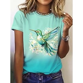 Women's T Shirt Print Ombre Graphic Bird Bohemia Hawaiian Stylish Short Sleeve Crew Neck Regular Tops Daily Yellow Pink Green Summer Spring