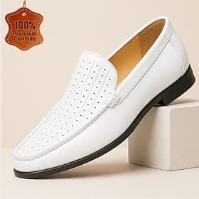 Men's White Perforated Leather Loafers, Premium Cowhide Slip-On Dress Shoes, Elegant Comfort for Office, Business and Smart-Casual Events
