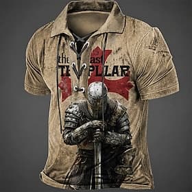 Men's Templar Cross Polo Shirts Short Sleeve Polo Shirts Lace Up Neck Vintage Casual Streetwear Daily Wear 3D Print Breathable Mesh Spring  Summer Black Brown