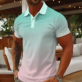 Men's Gradient Geometic Polo Shirts Short Sleeve Polo Shirts Collared Shirts Casual Athleisure Daily Wear 3D Print Buttons Breathable Mesh Spring  Summer Blue