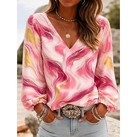 Per donna Camicia Camicia Boho Floreale Grafico Elegante Bohemien Vacanza Manica Lunga Scollo a V Top Regolari Casuale Quotidiano Ferie Blu Bianco Rosa Arancio