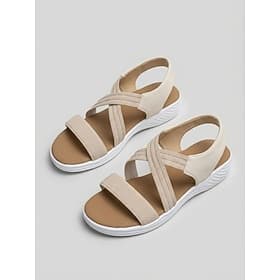Beigefarbene Damen-Sandalen mit elastischem Riemen – leichte, offene Zehensandalen, lässige Sommerschuhe für Reisen, Strand, Urlaub und Alltag