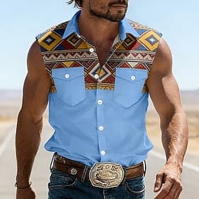 Men's Geometric Pattern Ethnic Western Shirt Cowboy Shirt Sleeveless Shirt Sleeveless Western Style Vintage Retro Outdoor Work Causal Summer Spring Turndown 3D
