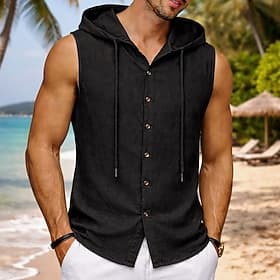 Homme Chemise Chemise en lin Chemise d'été Tenue de plage Chemise Boutonnée T-shirt sans manches Couleur Unie Occasionnel Vacances Bleu Noir Blanche bleu marin