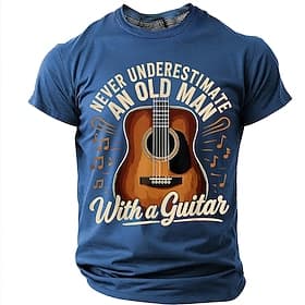 Men's Never Underestimate An Old Man With A Guitar Acoustic Guitar Musical Notes Vintage Retro T Shirt Tee Graphic Regular Fit Father's Day Gift Designer Cloth
