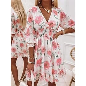 Women's Mini Dress A Line Dress Vacation Casual Outdoor Going out Standard Fit Floral Graphic 3/4 Length Sleeve V Neck Blue Pink Sky Blue Purple Summer Spring