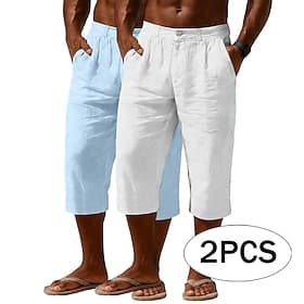 Men's Capri shorts Linen Shorts Casual Shorts Pocket Elastic Waist Plain Comfort Breathable Calf-Length Daily Outdoor Beach Vacation Fashion BlackNavy Blue Nav