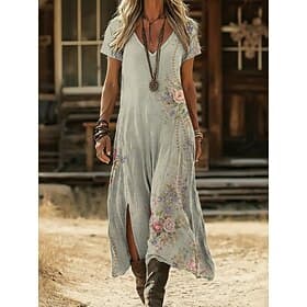 Women's Midi Dress Boho Dress Casual Dress A Line Dress Print Dress Vintage Outdoor Vacation Weekend Regular Fit Floral Graphic Short Sleeve V Neck Green Summe thumbnail 2