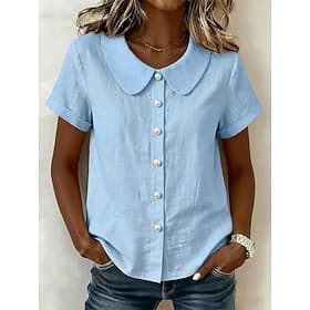 Women's Blouse Buttons Solid Color Daily Stylish Classy Short Sleeve Peter Pan Collar Regular Tops Casual Daily Blue White Pink Khaki Beige Summer Spring
