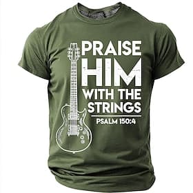Men's Bible Praise Him With The Strings Electric Guitar Psalm 150 4 Christian Musician Worship Leader T Shirt Graphic Casual Short Sleeve Church Band Wear Desi